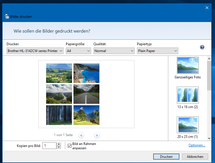 Windows Foto Drucken Dialog