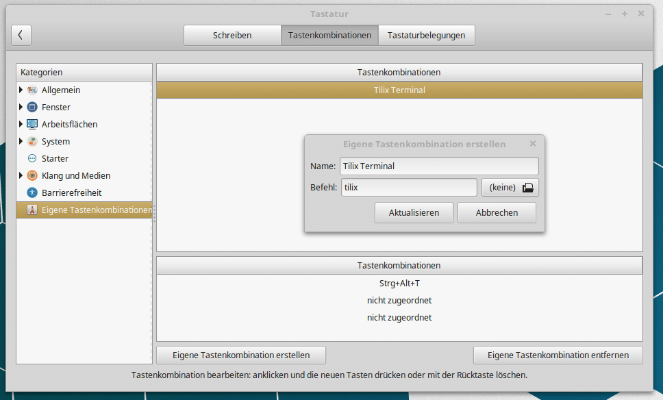 Linux Mint Tastaturshortcut für Tilix