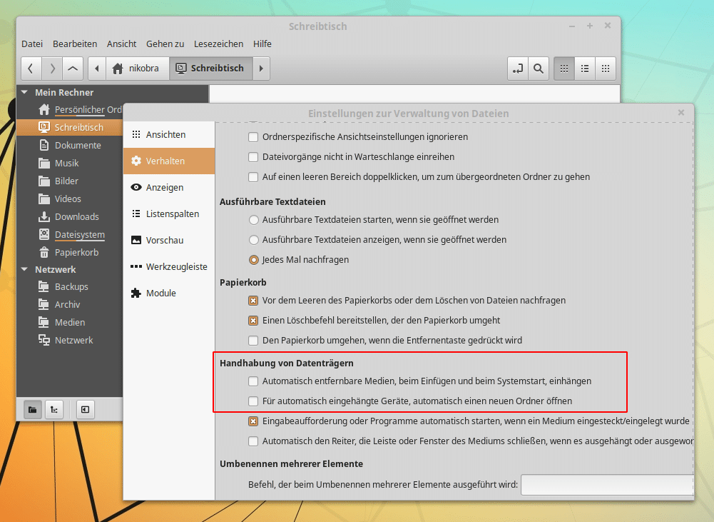 Automatisches Einhängen und Öffnen von externen Datenträgern unter Linux Mint deaktivieren.