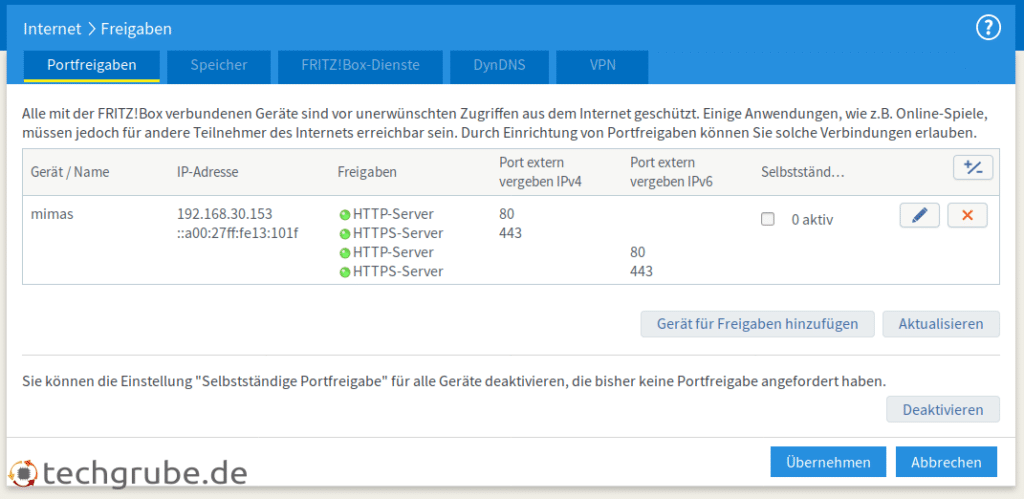 Internetfreigaben Fritzbox Übersicht